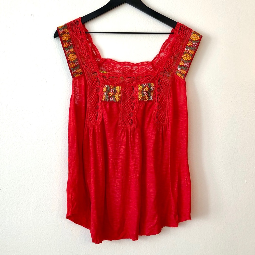 Free People Red Top with Embroidery and Lace Inset